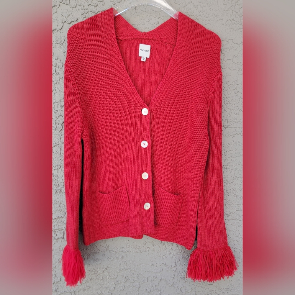 Nic+Zoe Deep Red Knit Cardigan M Tulle Fringe Cuffs Pearl Buttons Statement - Picture 8 of 13